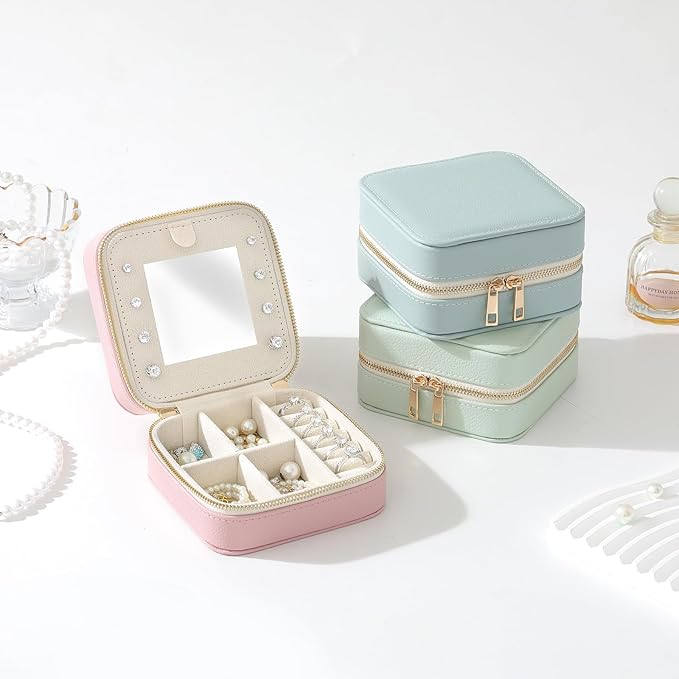 Genuine Leather Travel Jewelry Organizer Case with Mirror for Women, Small Mini Portable Jewelry Box for Ring Earrings Necklace Bracelet Luxury Gift for Women（Dark Green）