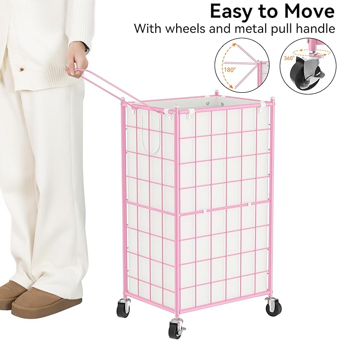 WOWLIVE Laundry Hamper with Wheels,Metal Wire Frame Rolling Laundry Basket with Removable bag,100L Dirty Clothes Hamper Organizer Dorm Room Storage for Bedroom,Bathroom,Pink
