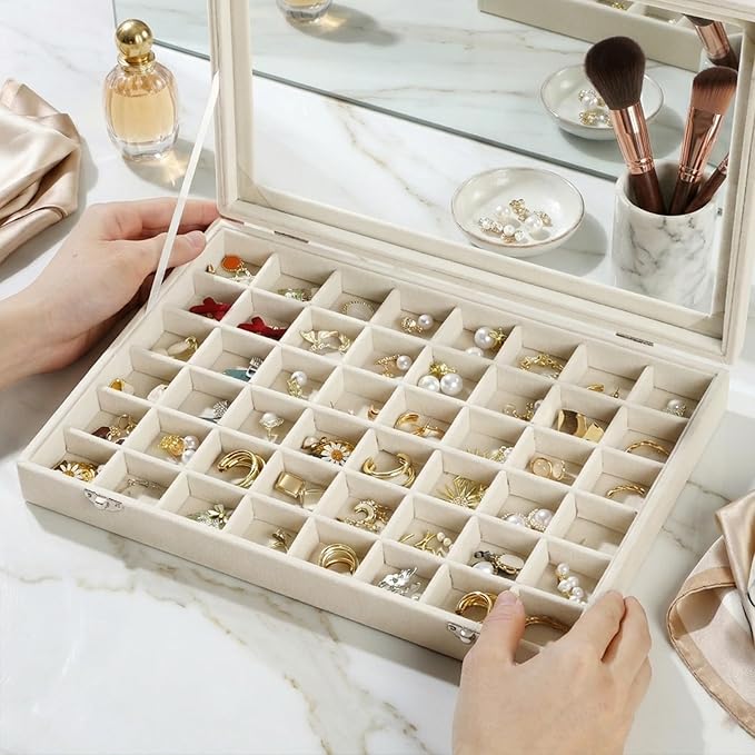 Velvet Jewelry Organizer Storage Tray, 48 Grid Adjustable Earring Holder Organizer with Clear Lid, Jewelry Display Box for Earrings, Rings, Necklaces and Studs, Gift for Women and Girls