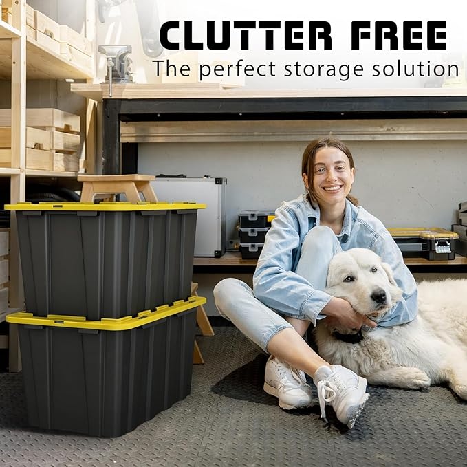 4 PACK Large Black & Yellow Storage Bins | Plastic Tote Organizing Container with Secure Latching Lids, Stackable, Extra Strength with Built in Handle | Black and Yellow Bins | 24.5" x 16.5" x 13.5"