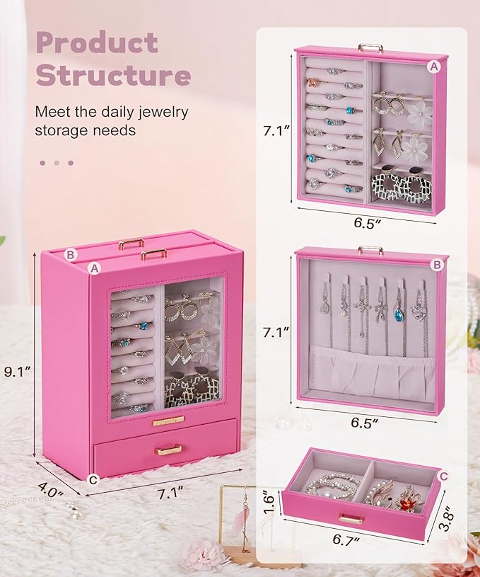 Homde Mothers Day Gifts Jewelry Organizer Girls Women Jewelry Box for Necklaces Rings Earrings Gift Bracelets Storage Case(Pink + Gold)