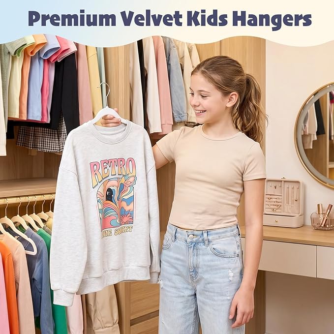 HOUSE DAY 14 Inch Kids Velvet Hangers 50 Pack, Durable Big Kids Hangers for Youth,Teen, Non Slip Kid Felt Hanger, Cute Childrens Hanger for Closet, White