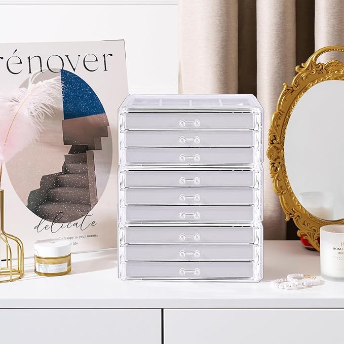 Lolalet Earring Holder Organizer Box Jewelry Storage with 9 Drawers, Clear Acrylic Stackable Earring Case with Adjustable Velvet Trays for Women on Dresser Vanity -Grey, 9 Layers