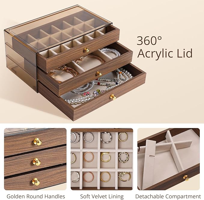 3 Layer Wooden Drawers Jewelry Box Vintage Style Jewelry Organizer with Acrylic Cover, Jewelry Storage Display Box for Ring Earrings Necklace Bracelet Box for Women and Girls(Walnut Color) (A)