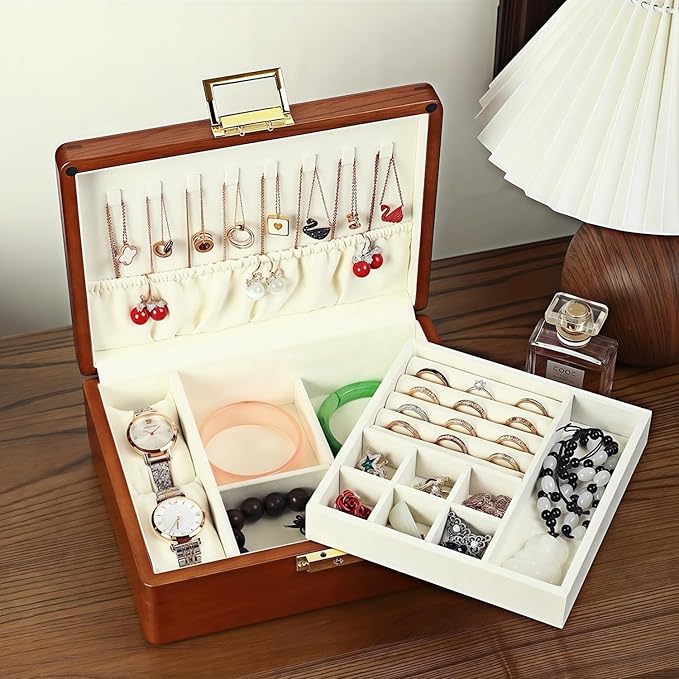 Solid Walnut Wood Jewelry Organizer Box with Lock,2-Layer Vintage Jewelry Box for Men Women, Velvet-Lined Storage for Earrings Rings Necklaces Bracelets Watches Gift Beige