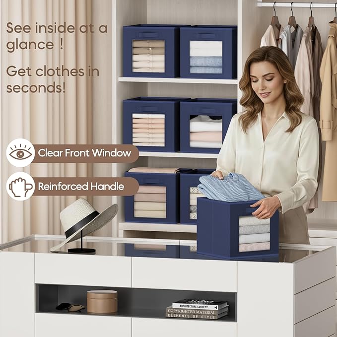 Homsorout Storage Cube 11 Inch - Cube Storage Bins with Window, Closet Storage Baskets with Handle, Fabric Bins for Closet, Shelves, Toys, Clothes, Set of 12, Navy Blue