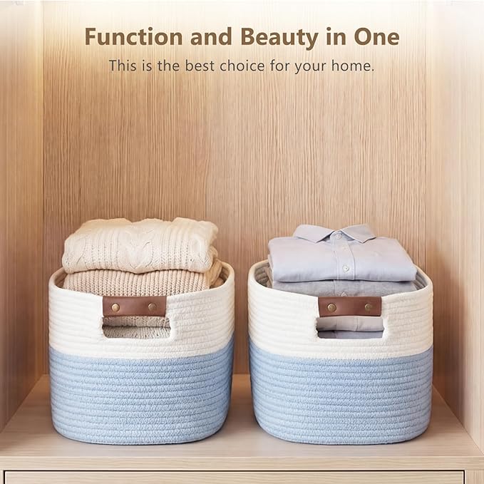 ECDYQXVU Cotton Rope Basket, Storage Baskets with Handle, 15x10x9 Inch Woven Basket for Shelves, Laundry, Towels, Clothes, Books (White/Blue 1Pack)