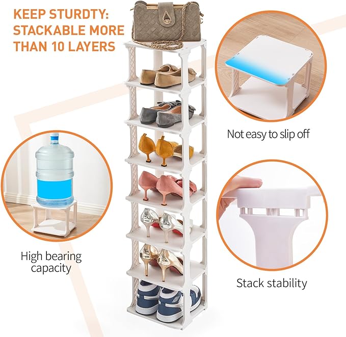5 Tiers Shoe Rack Organizer for Closet Shoe Holder Storage Narrow Plastic Vertical, Free Standing Shoe Rack Shelf for Entryway Stackable Stability DIY, Beige