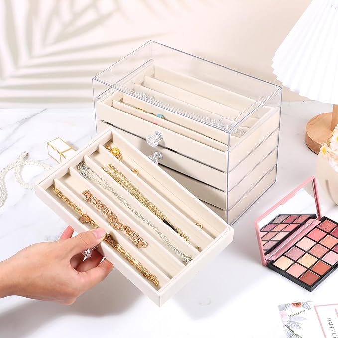 5-Drawer Necklace Organizer Box with Clear Acrylic & Velvet Lining, Beige Necklace Storage Box for Chains, Pendants, Stackable Dustproof Jewelry Holder(9.25 x 5.9 x 6.69 in)