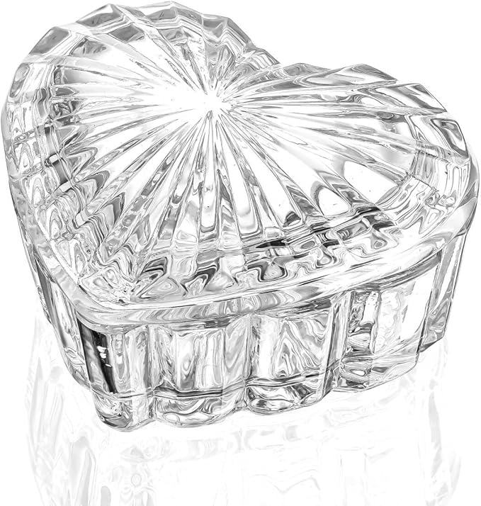 kanpura Clear Glass Jewelry Box Heart Shape Cute Box for Storage Ring Earring Trinket Vintage Decorative Glass Jar with Lid Christmas Gift for Women, Mom