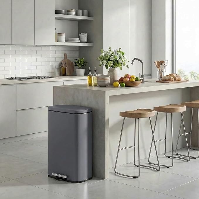 8 Gal Kitchen Trash Can, 30L Recycling or Garbage Bin, Brushed Stainless Steel Waste Basket, Soft&Quiet Close Dustbin, with Step-On Pedal, Removable Inner Bucket, for Home, Office, Living Room