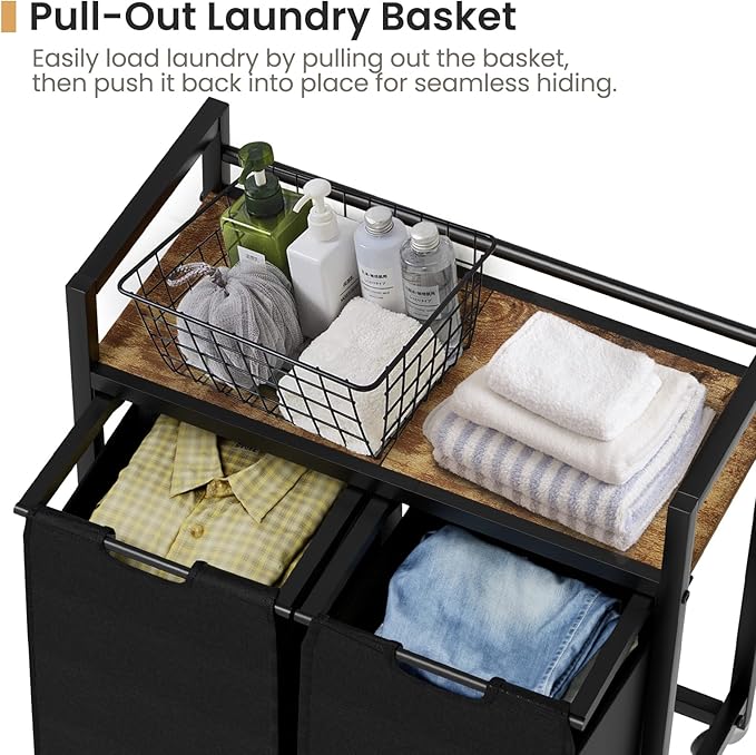 SwaaVee Laundry Hamper, Laundry Basket, Laundry Sorter with 2 Removable Bags, Clothes Basket with 2 Compartments, Wheels, Shelf for Laundry Room Bathroom Bedroom (2 Bags-Black)