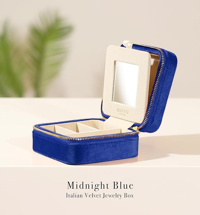 BLUTETE Travel Jewelry Box Organizer Velvet Travel Case With Mirror Ring Earrings Necklaces Storage Organizer Box (Midnight Blue)