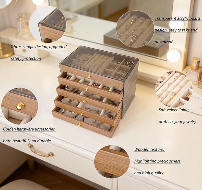 Wooden Jewelry Box Organizers and Storage for Girls Women 5 Drawers Multi-Layer Storage Case for Rings Earrings Necklaces Bracelets Vintage Box
