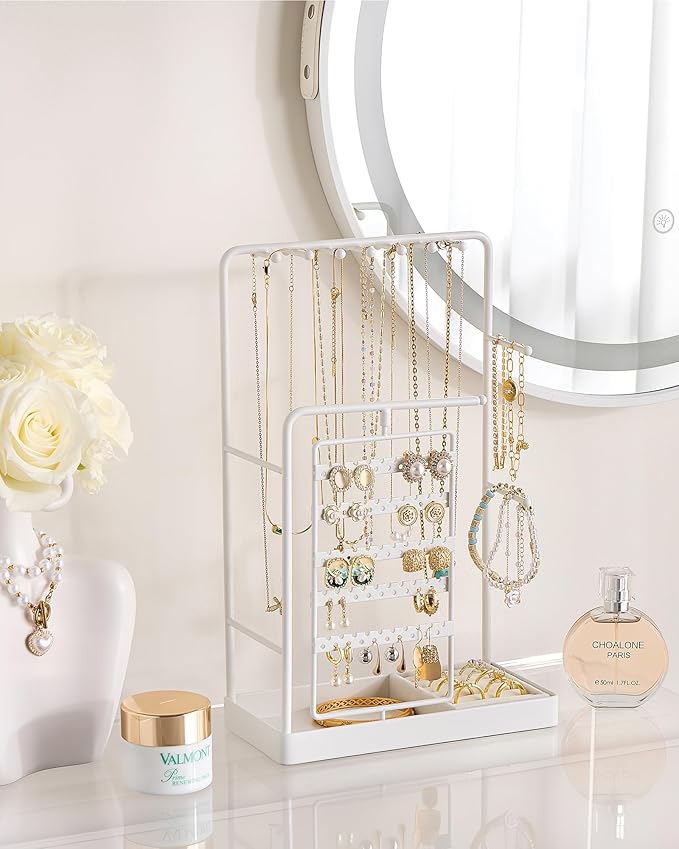ProCase Jewelry Stand Holder Organizer, Jewelry Display Storage with Ring Tray, Rotating Earring Bracelet Necklace Holder, Valentine's Gifts Room Dorm Decor for Teen Girls -White (No-Assembly)