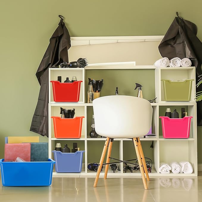 Dandat 16 Pcs Plastic Book Bins for Classroom Library Cubby Bins Scoop Front Stackable Toy Storage Tubs Containers for School Office Home Nursery Playroom Organization(Vintage Color)