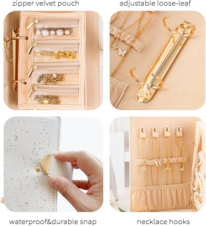 Travel Jewelry Binder Organizer, Portable PU Jewelry Book Organizer with 4 Necklace Clips & 5 Zipper Velvet Pouch For Rings,Necklace,Earrings - Perfect Jewelry Storage Book Gift For Women Girls