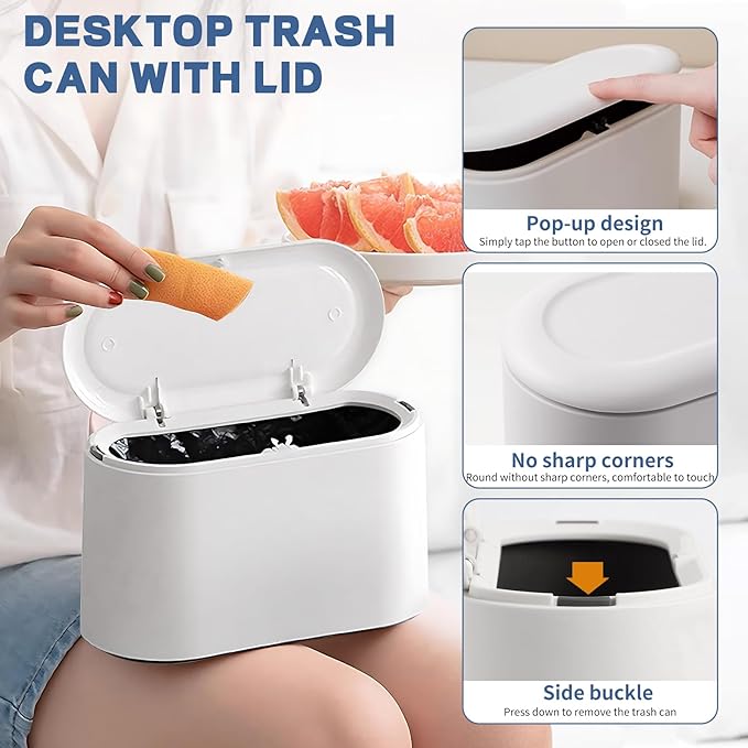 LTWQLing Mini Trash Can with Lid - Removable Small Garbage Can, Tiny Plastic Trash Bin, Pop Up Countertop Wastebasket, Counter Garbage Lint Bin for Bathroom,Office,Kitchen,Desk,Coffee Table(White)