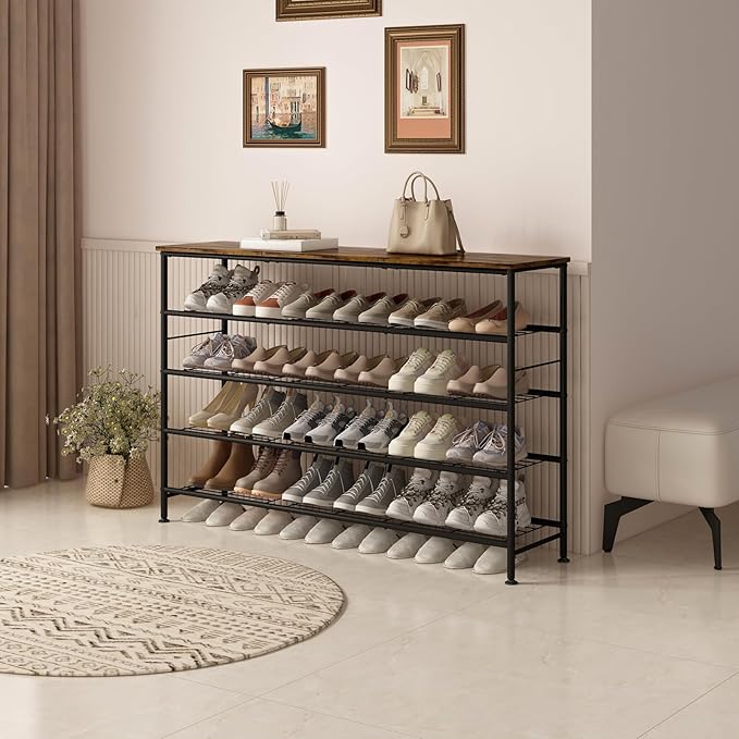 SUOERNUO Shoe Rack 5 Tier Shoe Storage Organizer Metal Mesh Shelves with MDF Top Board for Entryway, Hallway, Closet,Bedroom，Living Room (Black+Rustic Brown, Large 5 Tier)