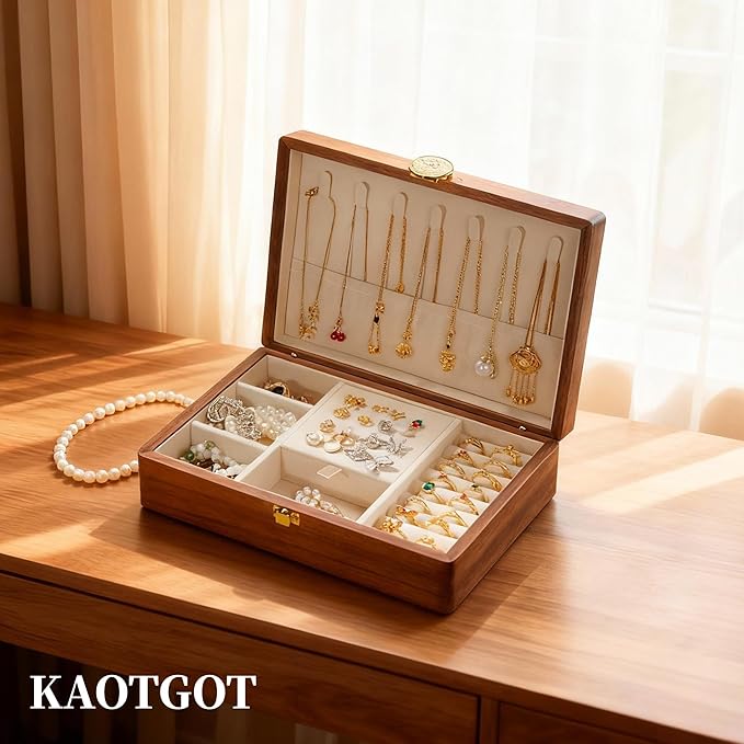 Travel Jewelry Case Small Wood Jewelry Organizer Jewelry Box for Women (Nut-Brown Print D)