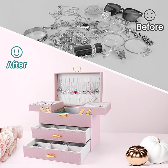 Dajasan Jewelry Organizer Box, Large Jewelry Boxes for Girls, Space-Saving 4 Layers Jewelry Storage Case with Drawer, Gift for Women, Movable Metal Stand, Modern (Pink+ Gold)