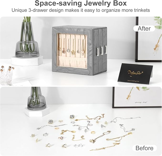 DesignSter Jewelry Box Organizer, Jewelry Box for Women, PU Jewelry Organizer Display Case with Side Drawers, Jewelry Storage for Earring Necklace Ring Bracelet Watch
