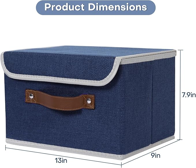 ANMINY 2PCS Storage Bin with Lid Storage Boxes with PU Leather Handles PP Plastic Board Decorative Foldable Lidded Cotton Linen Fabric Home Cubes Baskets Closet Organizer Container - Blue, Medium