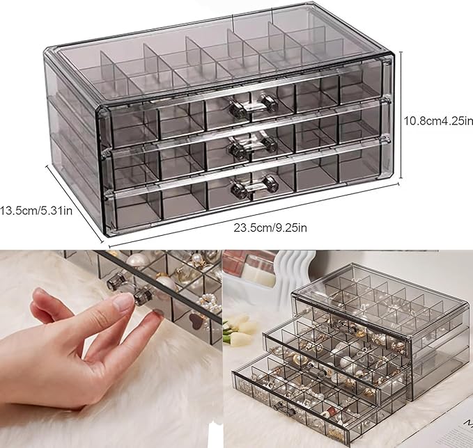 Earring Storage Box Organizer 3 Drawers Acrylic Jewelry Storage Box Holder Transparent Jewelry Display Stand with 72 Cells Gift for Women Girls