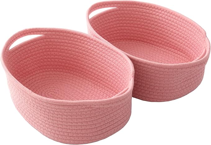 JMvicyroam Woven Basket,Small Rope Storage Bin with Handles & Ribbon Bag, Organizer for Shelves Closets,Gift Basket Empty for Birthday,Books,Dog Toys, Pink/2 Pack