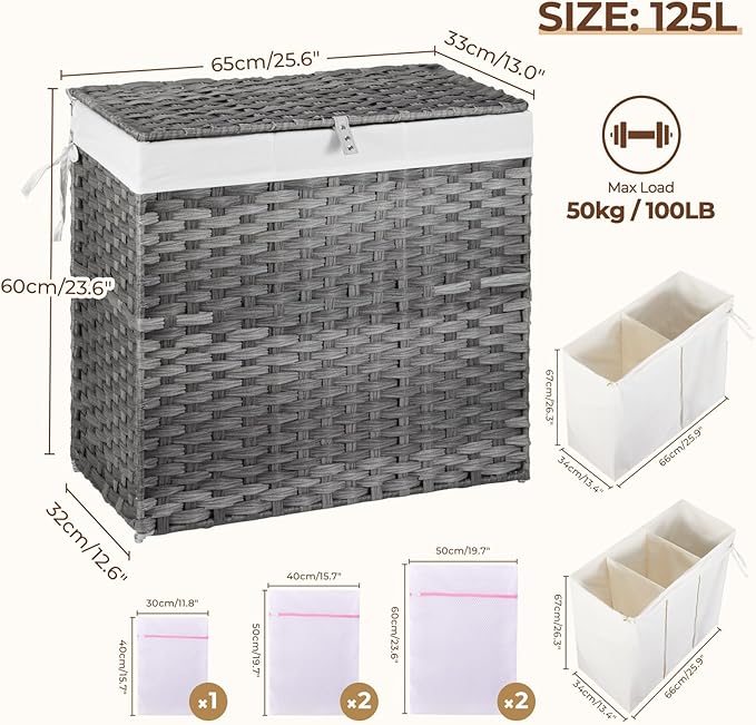 Greenstell Laundry Hamper with Lid, 125L Wicker Laundry Baskets with 2 Removable Liner Bags & 5 Mesh Laundry Bags, Handwoven Rattan Clothes Hamper with Handles for Clothes in Bathroom, Bedroom