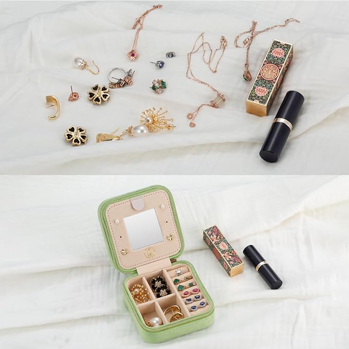 TRODANCE Plush Velvet Travel Jewelry Case Organizer, Small Travel Jewelry Box,Portable Jewelry Box Travel Mini Organizer Portable Display Storage Box For Rings Earrings Necklaces (Grass Green)