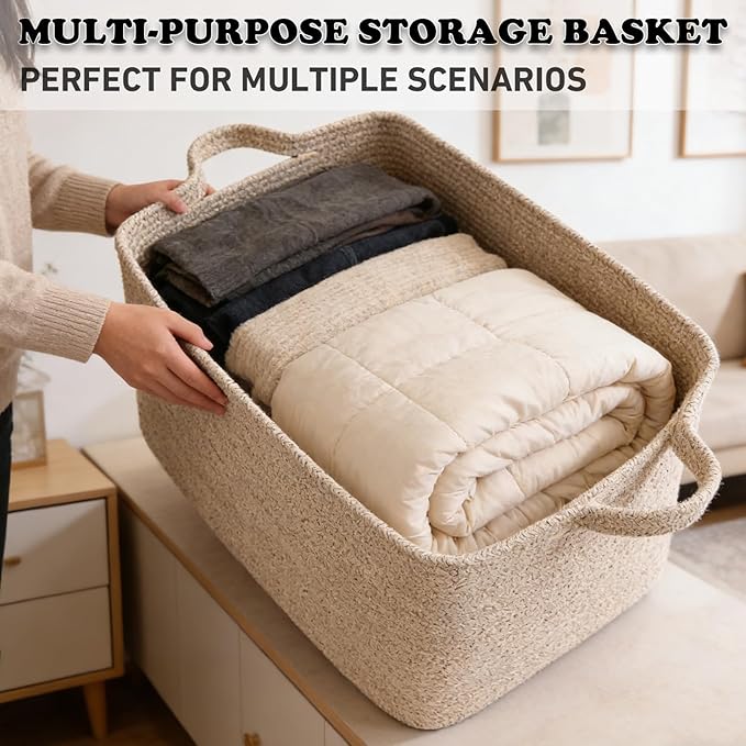 96L Large Blanket Basket,24"x16"x15"Rectangle Storage Bin with Handles,Woven Rope Laundry Basket for Toys, Clothes,Magazines,Home Organization,Nursery,Living Room & Bedroom,Brown