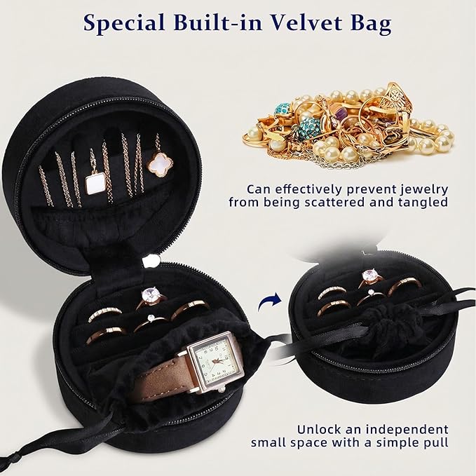CONBOLA Travel Jewelry Case Small Jewelry Box for Women Girls,Round Velvet Mini Jewelry Travel Organizer,Portable Jewelry Box for Rings Earrings Necklaces Bracelets.(Black,Small)