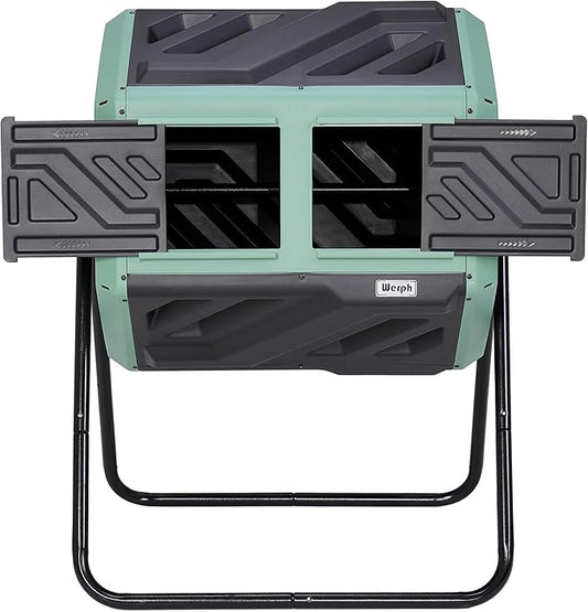 Werph Updated 43 Gallon Dual-Chamber Compost Bin, Fast Assembly Rotating Outdoor Compost Tumbler, Batch Composter with Gloves for Garden, Kitchen, and Yard Waste, Green & Black