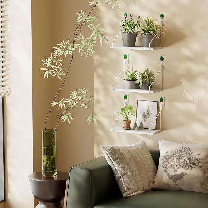 QsQueen Elevate Your Space with Rustic Wood Floating Shelves Set of 3- Perfect for Bedroom, Living Room, Bathroom, and Kitchen Decor - Easy Installation, No Drilling Needed! White