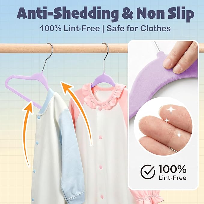 HOUSE DAY 11 Inch Velvet Baby Hangers 50 Pack Lt-Purple, Premium Kids Hangers for Children, Infant & Toddler Clothes, Durable Non Slip Small Baby Felt Hanger for Closet, Ideal for Everyday Use
