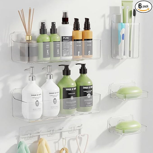Adhesive Shower Caddy 6 Pack Rustproof Shower Shelves for Inside Shower No Drilling Bathroom Organizers and Storage & Home Décor & Kitchen Large Rack with Soap Holder Clear (clear)