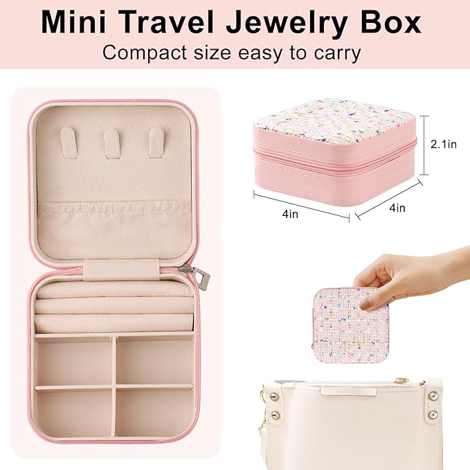 Travel Essentials: Stylish Portable Mini jewelry box, Travel jewelry organizer, Travel jewelry case. Portable jewelry case for travel. Thank you gifts for women, Birthday gifts for girls. (Pink)