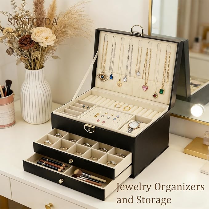 SRTCYDA Jewelry Box for Women, Large PU Leather jewelry organizers and storage, 3-Layer Jewelry Storage with 2 Drawers, Space-Saving Design for Vanity, Holds All Types of Jewelry (Black)