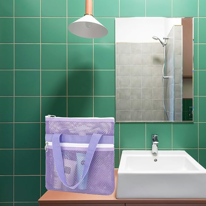Fammart Mesh Shower Caddy Portable with Zipper & 2 Pockets - Quick Dry Shower Caddy Hanging for Travel Gym Camp Beach - Organizer Bag Bathroom Essentials for College Dorm