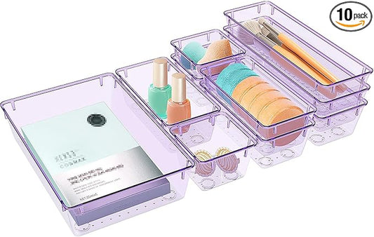 StorMiracle 10 PCS Drawer Organizer Set, 4 Varied Size Bathroom and kitchen Drawer cabinet organizer Trays, Clear Storage Bins for Makeup, Jewelry, Utensils and Gadgets, Purple