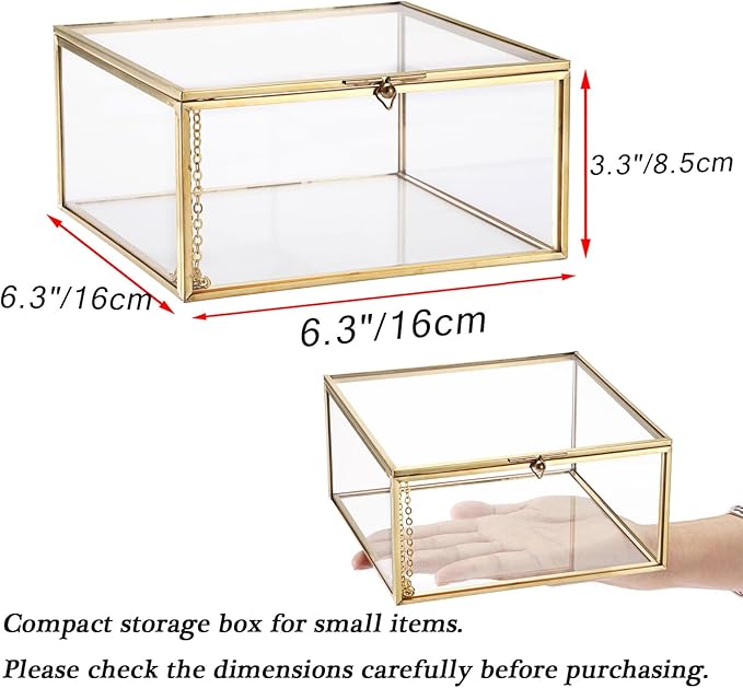 Hipiwe Vintage Glass Jewelry Organizer Box - Golden Metal Keepsake Box Desktop Jewelry Organizer Holder Wedding Birthday Gift Square Vanity Decorative Box for Dresser,6.3"x 6.3"x 3.35"