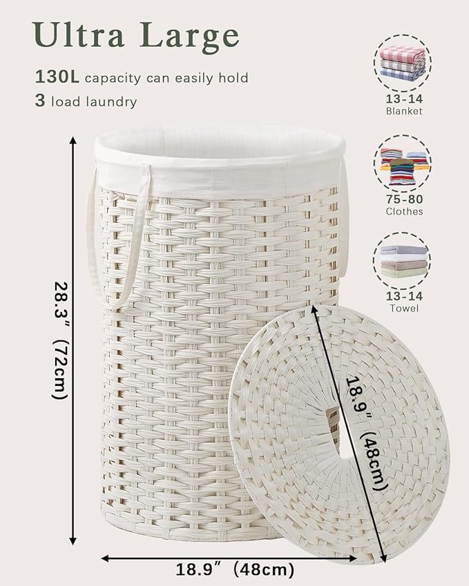 SETVSON Large Laundry Hamper Laundry Basket Round 34.3 Gal (130 L) Handwoven Wicker Laundry Baskets Rattan Laundry Basket with Laundry Bag Handles 2 Mesh Bags for Living Room Bedroom White