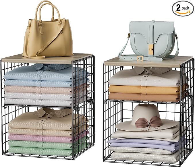 4-Tier Stackable Closet Organizers and Storage, Adjustable Dividers & Wood Top Storage Shelves for Clothes, Wardrobe & Closet Storage Basket Bins/Cube, Space-Saving Closet Organizer System, Black