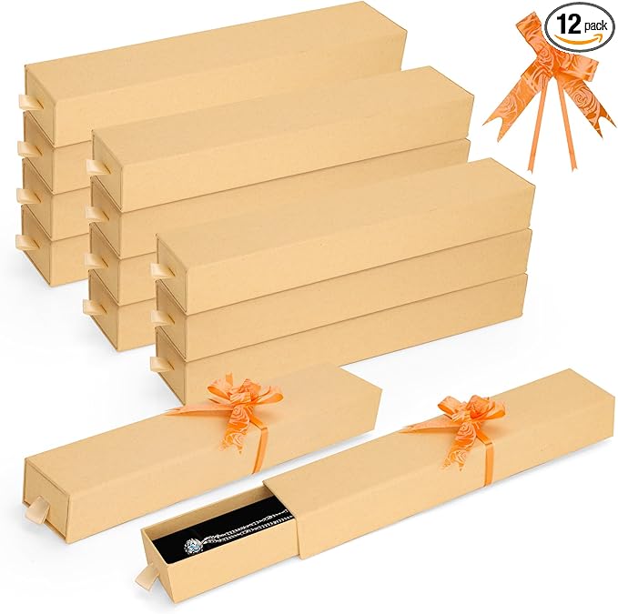 12-Pack Drawer Style Jewelry Gift Boxes with Sponge Insert, 8.7"x1.8"x1.2" Necklace & Bracelet Display Box for Presentation, Cardboard Storage Organizer for Pendant, Ring, Earring - Kraft Brown