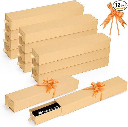 12-Pack Drawer Style Jewelry Gift Boxes with Sponge Insert, 8.7"x1.8"x1.2" Necklace & Bracelet Display Box for Presentation, Cardboard Storage Organizer for Pendant, Ring, Earring - Kraft Brown