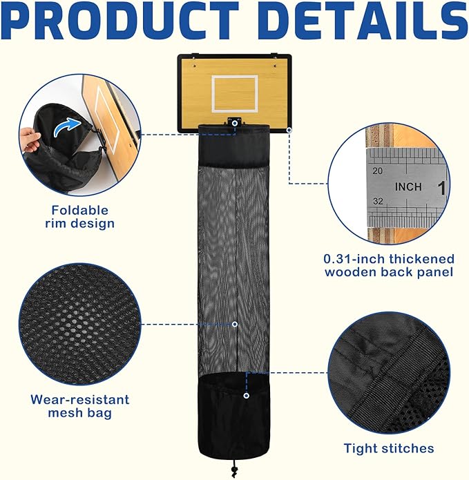 Wooden Basketball Laundry Hamper, Over the Door Hanging Basketball Hoop Laundry Basket with Drawstring, Space Saving Dirty Clothes Solution for Kids Room, Dorm Rooms, Bathroom