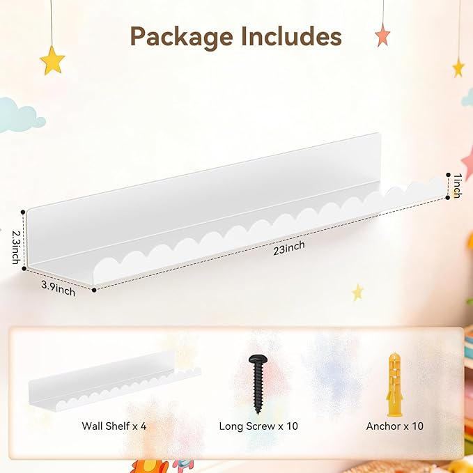Floating Shelves for Wall, 23 Inch Metal Nursery Book Shelves 4 Pack, Wall Mounted Book Shelf for Kids Room, Bedroom, Bathroom, Playroom Decor （White）