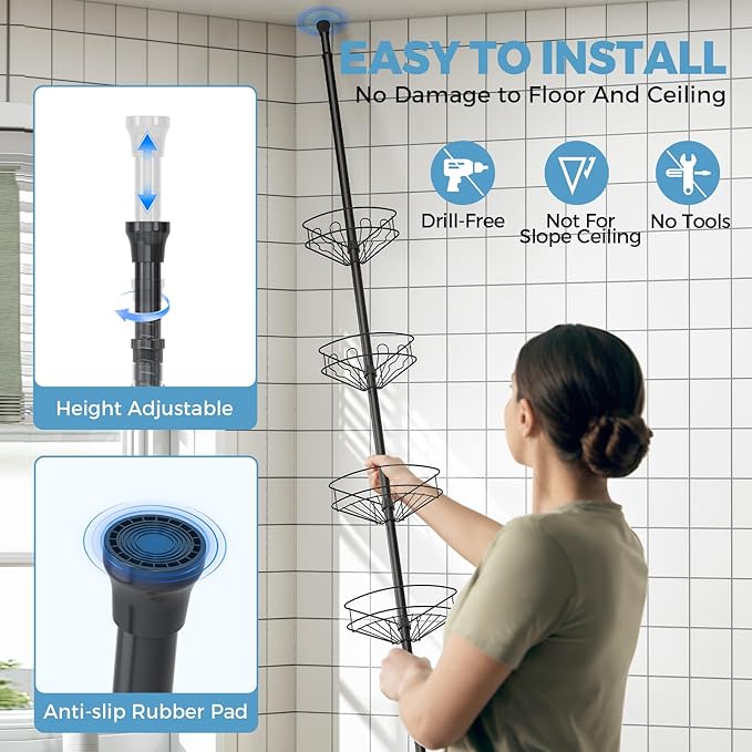 Corner Shower Caddy Tension Pole，4 Tier Adjustable Bathroom Organizer Shelves，Inside Shower Storage With Hidden Hook & Towel Holder,63.7-119 Inch No-Drill Quick Installation Shower Rack,Black