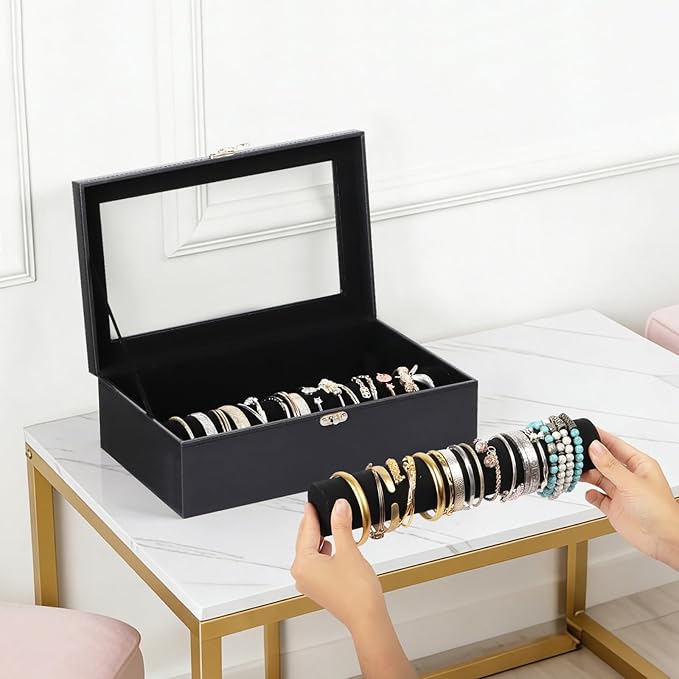 AUTOARK Bracelet & Watch Storage Box with Glass Lid & 2 Anti-Roll Rods,PU Leather Jewelry Case,Soft Lined Locking Organizer for Women,Gift for Dresser & Cabinet Display,Black,MKAW145